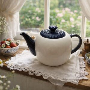 Cottagecore Navy Blue & White Ceramic Teapot with Lid | Farmhouse Kitchen